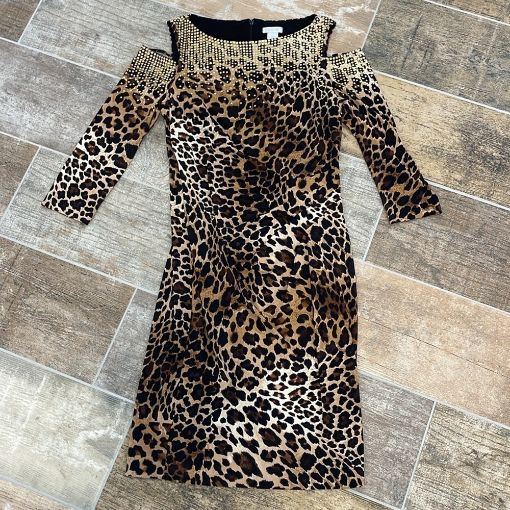 Caché Black and Gold Sequin Animal Print Dress Size 8